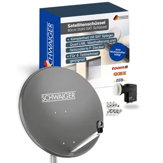 SCHWAIGER Satellitenschüssel Komplettset - Ø 80 cm Stahl Offset Antenne in Anthrazit - Inkl. sonnengeschütztes Quad LNB 4-Fach - Digital HD & 4K Empfang - Integrierte Kabelführung & wetterfest
