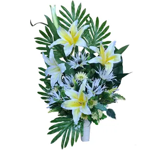 DRW Künstliche Blumenvase für Friedhof, Heiligen, Jahrestage, Gelb und Weiß, um direkt in die Aussparung zu Legen, 70 cm hoch x 47 cm breit x 26 cm tief