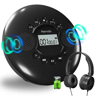 Hernido Tragbare CD-Player mit Kopfhörern, Stereo-Lautsprecher, wiederaufladbarem Akku, Anti-Skip/Shockproof, USB/AUX, Schwarz für Auto und Zuhause/Traval