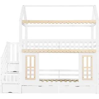 Merax Etagenbett Hausbett 90X200 cm Stauraum Schrank Weiß Natur
