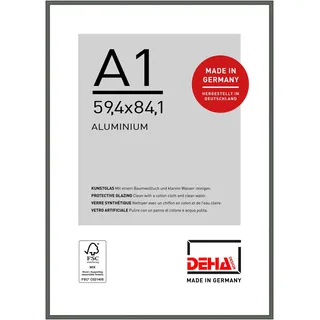 DEHA Design Bilderrahmen, 59,4 x 84,1 cm (A1), Aluminium, Grau matt, Posterrahmen zum Aufhängen im Hoch- & Querformat, bruchsicheres Kunstglas, Boston
