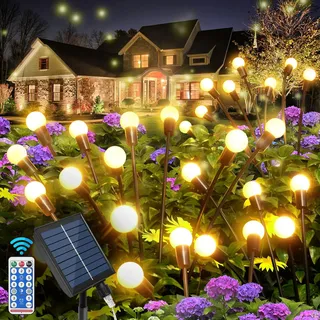 Qoolife Solarlampen für Außen Garten, 4 Stück 32 LED Solar Glühwürmchen Leuchte, 8 Lichtmodis Solarlichter Gartendeko für Draußen, Weg, Terrasse, Garten, Balkon Dekoration (Warm Weiß)