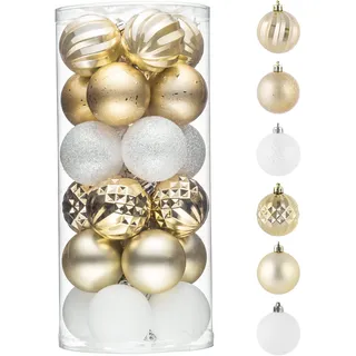 Valery Madelyn Weihnachtskugeln,24stück Christbaumkugeln Weihnachtskugel mit Geschenkpaket,Weihnachtsbaumschmuck Christbaumschmuck mit Aufhänger,deko Weihnachten,Thema Weiß Gold