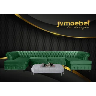 Set Luxury Modern Ecksofa U-Form Chesterfield und Couchtisch Wohnzimmer Textil - Grau