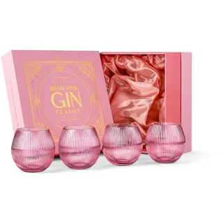 GLASSIQUE CADEAU Vintage Art Deco Gerippte Gin Tonic Cocktailgläser in Zartem Rosa mit Goldrand | 4er set | 400 ml Geriffelte Kristall Gingläser für Cocktails | Geschenkset für Gin Liebhaber