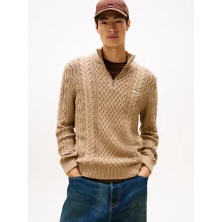 Strickpullover TOMMY JEANS, Herren, Gr. XXL, coastal taupe tonal, Strick, Obermaterial: 100% Baumwolle, unifarben, slim fit normal, hoch geschlossener Ausschnitt, Bündchen, Pullover Strickpullover, Troyer-Kragen mit Reißverschluss, slim fit, Zopfstrick-Muster