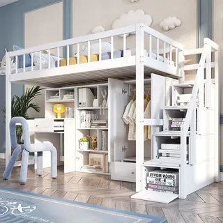 Merax Etagenbett 90x200cm mit Treppe und Schreibtisch, Hochbett mit Schließfächern und Kleiderschrank, Kinderbett mit Rausfallschutz und Regalen, Weiß - Weiß