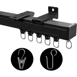 MaKefeile Deckenvorhangschiene, Deckenmontage, Raumteiler, Vorhangstangen, Schiene, robuste Gardinenstange, Schiene, Wohnmobil, Dusche, Outdoor, Vorhangschiene, Clip, Haken, Set, schwarz, 0,9–1,8 m