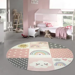 Teppich-Traum runder Kinderzimmer Teppich Spielteppich Regenbogen Herzchen Wolken rosa Creme grau Größe 160 cm Rund