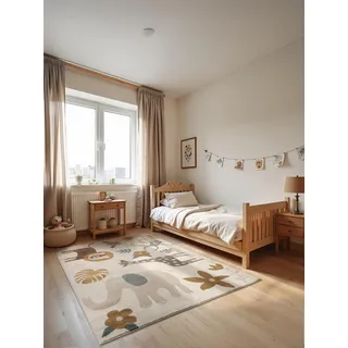 HANSE HOME Kinderteppich - Safari, Zoo, Spielteppich, Tier Design, Spielmatte, Krabbelteppich Junge Mädchen für Kinderzimmer, Jugendzimmer, Wohnzimmer - Creme Multifarben, 160x235cm