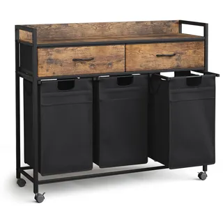 Mondeer Wäschekorb 3 Fächer, Wäschesammler mit 2 Schubladen ausziehbar und herausnehmbare Wäschesäcke, Für Waschküche Schlafzimmer Badezimmer, 3x50L, 106 x 33 x 91.5 cm, Vintagebraun und Schwarz