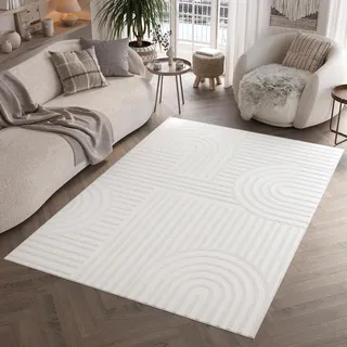 TAPISO Hygge Teppich Kurzflor Creme Weiß Streifen Kreise 3D Teppich Wohnzimmer Schlafzimmer ÖKOTEX 120 x 170 cm