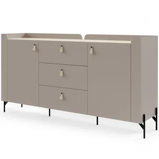 Beautysofa Kommode Sorella mit 2 Türen und 3 Schubladen, 180 cm, für Jugendzimmer, Porcini + Eiche Mavelie , Cappuccino, Eichefarben , Holzwerkstoff , 4 Fächer , 180x95x42 cm , Kleinmöbel, Kommoden, Kommoden
