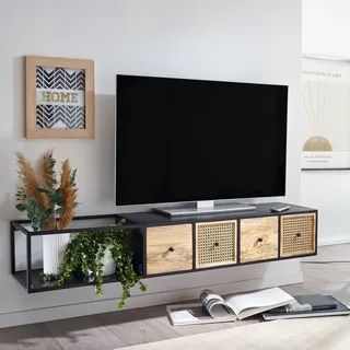 FineBuy Lowboard Hängend Mango Massivholz / Metall 150x25x35 cm TV-Schrank Schwarz Fernsehtisch Wiener Geflecht Modern Fernsehschrank Wand TV-Kommode - Schwarz
