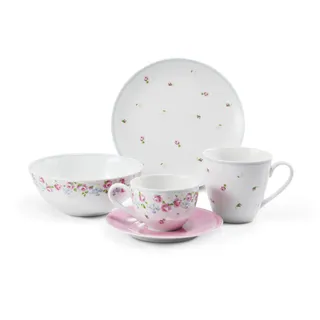 Leander Frühstücksset, Tschechisches Porzellan, RoseLine, Blumen, Leander, 5 Teile, Var. 2 - Rosa
