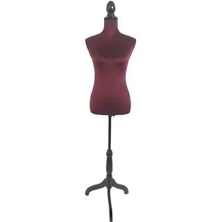 Relaxdays Schneiderpuppe, weiblich, Größe 36/38, verstellbar 130–167 cm, Samt, Holzständer, Nähpuppe, Bordeaux/schwarz
