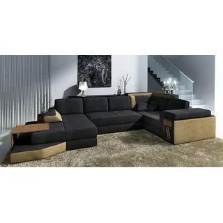 XXL Design Big Sofa mit USB Ecksofa Couch Wohlandschaft U Form Leder Textil Ecke - Schwarz