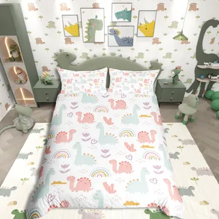 Homemissing Cartoon-Dinosaurier-Bettbezug, 140 x 200 cm, Rosa, Dinosaurier, Grün, Bettwäsche-Set, niedlich, Dschungel, für Kinder, Jungen, niedlicher Bogen – in Himmel