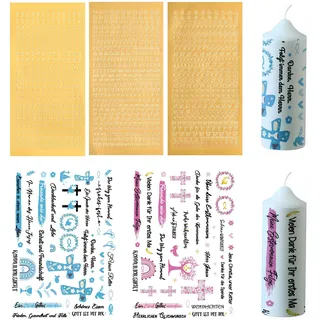 QGK 5pcs Kommunion Deko set,2pcs Kerzentattoos Kommunion Kerzen Tattoofolie und 3pcs Groß- und Kleinbuchstaben Kerzen Sticker Gold Zahlen Aufkleber,Wachsbuchstaben für Kerzen Kommunionkerzen Basteln