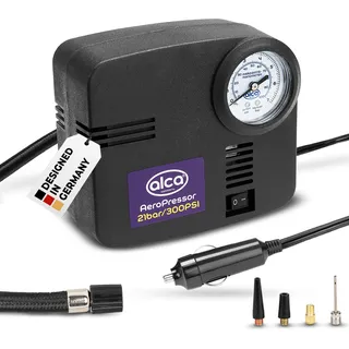 alca® Kompressor 12 V 21 bar Mini Elektro Luftpumpe Zigarettenanzünder | Präzisions-Manometer, 4 Spezialadapter, Reifenfüller, mobile Fahrradpumpe, Campingzubehör, schnellerer Reifendruckaufbau