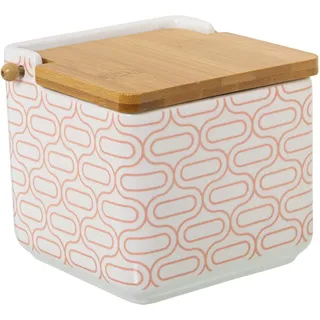 DRW Salzstreuer aus Keramik mit Holzdeckel in Weiß, Rot und Natur, 12 x 12 x 12 cm