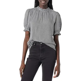 Amazon Essentials Damen Hemd Aus Fluid Twill Mit Kurzen Puffärmeln Und Smockdetails, Schwarz Weiß Mini Vichy-Muster, L
