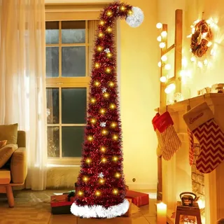 Faltbarer Künstlicher Weihnachtsbaum 150cm mit Beleuchtung, Pop Up Schmal Weihnachtsbaum mit 50 LED und Sternspitze, PVC Lametta Bleistift Tannenbaum Weihnachtsdekoration für Zuhause Büro (Rot)
