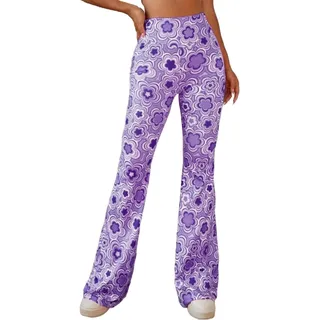 EVELUST 70er Jahre Schlaghose Für Damen – Boho 60er Hose Hippie Blumen High Waist Outfit Disco Kostüm Yogahose Leggings(Purple, XS, 1050w)