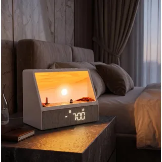 Amailtom Tageslichtwecker Sonnenaufgang Wecker, Lichtwecker White Noise Machine Kreative Sonnenaufgangs Animation mit 7 Modi, 12 Naturgeräuschen, Musiklautsprecher, Geschenke für Tiefschläfer