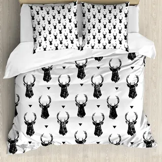 ABAKUHAUS Hirsch Bettbezug, Monochrome Tierkopf, Milbensicher Allergiker geeignet mit Kissenbezügen, 200 cm x 200 cm - 80 x 80 cm, Schwarz-Weiss - Schwarz