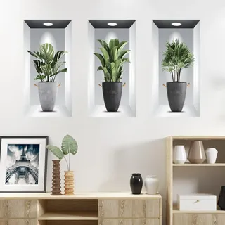 3 Stück Pflanzen-Wandaufkleber, 3D Grüne Topfpflanze Wasserdichte Wandkunstaufkleber aus Vinyl für Wohnzimmer Schlafzimmer Badezimmer Küche Büro Dekor (30x60cm)