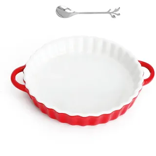 UOCAI Tarteform Keramik mit Griffen Backform Rund Auflaufform Kuchenform Quicheform für Quiche Tartes Pie Rot Pizza mit Kleinen Löffel 26 * 21 * 4cm