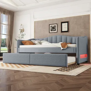 Flieks Polsterbett 90x200cm mit Ausziehbett, Schlafsofa Tagesbett mit LED, Sofabett Funktionsbett Jugendbett Gästebett, Leinen, Grau - Grau