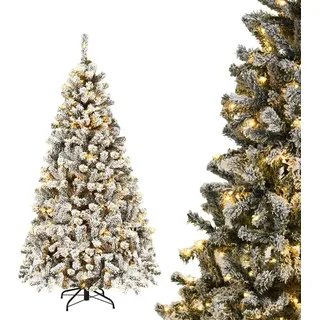 COSTWAY 180cm Künstlicher Weihnachtsbaum mit Schnee inkl. 600 Spitzen PVC Nadeln, 250 warmweiße LED-Leuchten & Metallständer, Tannenbaum, Christbaum, weiß - Weiß, Grün