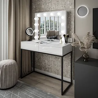 Schminktisch BLANCO LOFT mit Spiegel und LED-Beleuchtung Push-to-open System Schwarz / Weiß hochglanz