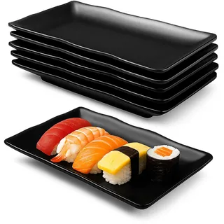 Chingcoo 6 Stück Rechteckige Teller Schwarz, Servierplatten aus Melamin, Vorspeisenteller Dessertteller Snackteller für Sushi, Kuchen, Salat, Obst, Antipasti & Beilagen, Stapelbar & Spülmaschinenfest