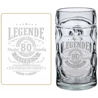 Bierkrug LUXENTU "Bierkrug mit Gravur Legende seit 80 Jahren 0,5 Liter transparent", bunt (transparent), 1 tlg., Glas, Trinkgefäße, Bierkrug