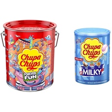 Chupa Chups Best of Lollipop-Eimer, enthält 150 Lutscher in 6 Geschmacksrichtungen in der Pop-Art Metall-Dose & Milky Lutscher-Dose