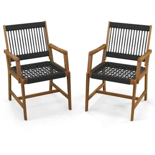 FANTASK Terrassenstühle aus Akazienholz und Seilgeflecht, 2er Set Balkonstühle & Gartenstühle mit Rückenlehne & Armlehne für Garten, Terrasse & Balkon, 160 kg Tragfähigkeit