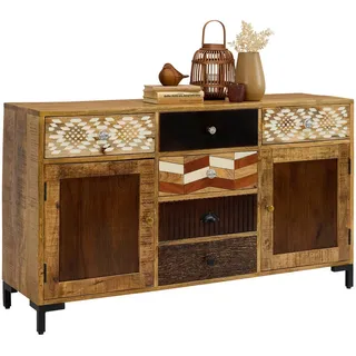 Landscape Sideboard , Braun, Multicolor, Akaziefarben, Kupferfarben , Metall, Keramik , Akazie, Mangoholz , massiv , 2 Fächer , 6 Schubladen , 140x80x40 cm , Typenauswahl, Beimöbel erhältlich, stehend , Holzmöbel, Kommoden Holz, Sideboards Holz