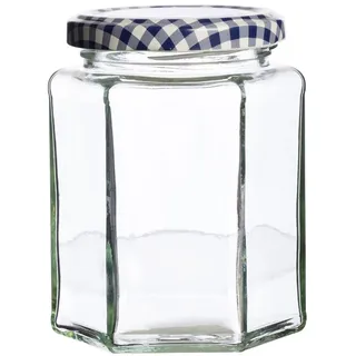 Kilner Einmachglas mit Schraubdeckel luftdicht | Eckig, 110 ml | blau-weiß karierter Twist-Off Deckel | für selbstgemachte Kreationen | Marmeladenglas mit Deckel aus 30% recyceltem Glas