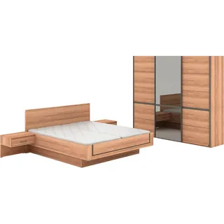 Musterring Schlafzimmer-Set »Sorrent, Kleiderschrank, Bett & Nachtkommoden, teilmassiv Eiche« 2er-Set Nachtschränke, Schwebetürenschrank 250 cm, Bett 180x200 cm, mit Schwebetürenschrank, Bett schwebende Optik, Breite Schrank 250cm, braun