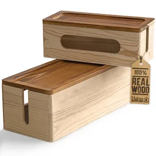 Nature Supplies Set mit 2 Kabelboxen aus Kiefernholz - 1 Klein Kabelbox als Schreibtisch-Organizer, 1 Große Box für den Boden für Kabelorganisation (Natürliches Holz)
