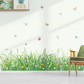 decalmile Wandtattoo Grün Gras Wiese Blumen Wandaufkleber Blumenwiese Bunt Blumen Schmetterlinge Wandsticker Kinderzimmer Wohnzimmer Schlafzimmer Wanddeko