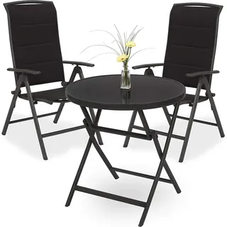 BRUBAKER Garten Sitzgruppe Milano - 1 Glastisch Klapptisch rund 70 cm Ø mit 2 Hochlehner Stühlen - Aluminium - Wetterfest - Anthrazit - Dunkelgrau
