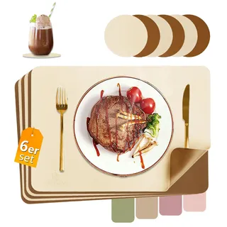 HELI MIAO Tischsets Abwaschbar,Platzsets Abwischbar,Tischset Leder,Hitzebeständig Doppelseitigen I 6er Set Platzdeckchen Lederoptik mit Untersetzer,Tischuntersetzer,Platzdecken beige+braun