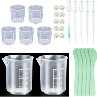 Messbecher Klein Set - 5 Stück 30ml Mini Messbecher, 2 Stück 100ml Plastik Mischbecher Epoxidharz Farbmischbecher mit 10 Rührstäbe,10 Transferpipetten und 10 Fingerlinge für Mischen Farben Epoxiden