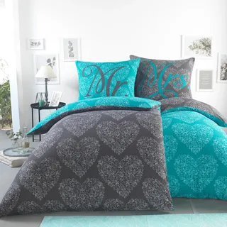 BaSaTex Microfaser Partner Bettwäsche mit Wendemotiv | 2X 135x200 Bettbezug + 2X 80x80 Kissenbezug | Mikrofaser Bettwäsche Set 4 teilig für Paare | Design: Ornaments Hearts Turquoise