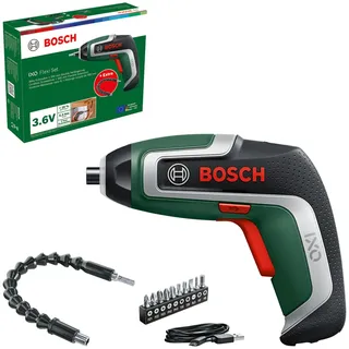 Bosch IXO 7 Flexi-Set ohne Akku + Ladegerät + Schrauberbits + Winkelaufsatz + Bohrer + Holstertasche + magnetischer Bithalter
