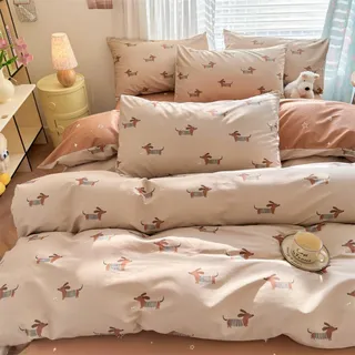 Freyamy Bettwäsche 135x200cm 2teilig Khaki Bunt Dackel Mädchen Wendebettwäsche Microfaser Hundemuster Kinderbettwäsche 1 Bettbezug mit Reißverschluss und 1 Kissenbezug 80x80cm